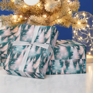 Papier Cadeau Arbres blancs roses verts Noël moderne