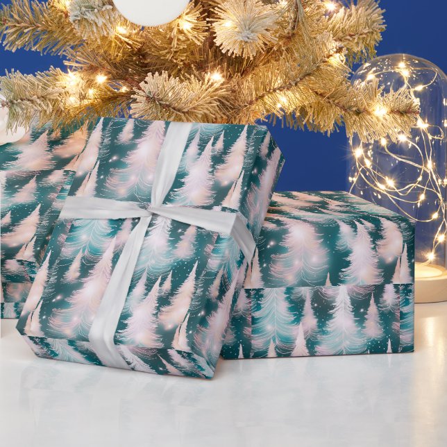 Papier Cadeau Arbres blancs roses verts Noël moderne (Vacances)