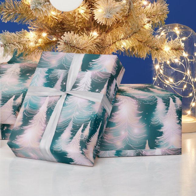 Papier Cadeau Arbres blancs roses verts Noël moderne (Vacances)