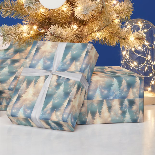 Papier Cadeau Arbres Bleus et Blancs Noël moderne (Vacances)