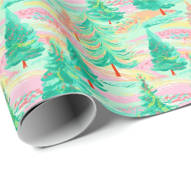 Papier Cadeau Arbres d'aquarelle de Noël de Palm Beach (Coin rond)