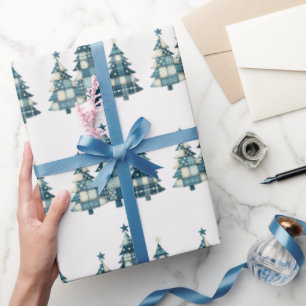 Papier Cadeau Arbres de Noël À damiers bleu