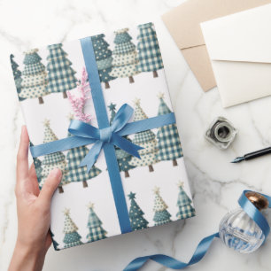 Papier Cadeau Arbres de Noël À damiers bleu