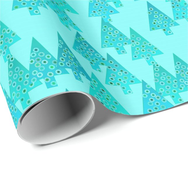 Papier Cadeau Arbres de Noël à fleurs modernes - aqua & paon (Coin rond)