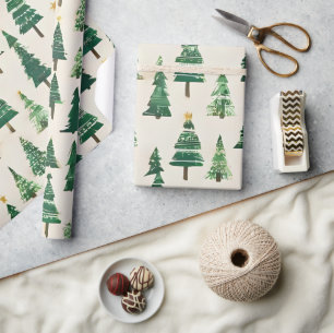 Papier Cadeau Arbres de Noël à l'aquarelle   Fête de Pin Vert