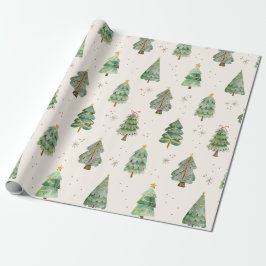 Papier Cadeau Arbres de Noël à l'aquarelle Flocons de neige Fête