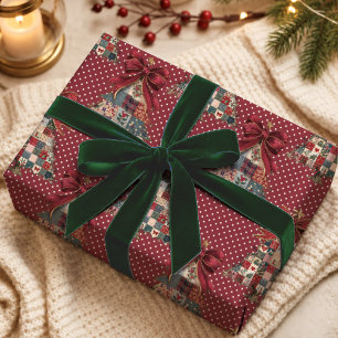 Papier Cadeau Arbres de Noël à pois rouges patchwork Coquette
