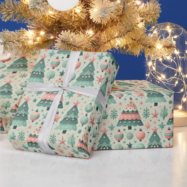 Papier Cadeau Arbres de Noël adorables pastel de préadolescents  (Vacances)
