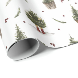 Papier Cadeau Arbres de Noël avec petits bottes cadeau