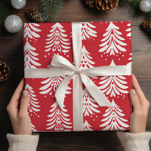 Papier Cadeau Arbres de Noël blancs Noël rouge