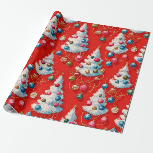 Papier Cadeau Arbres de Noël blancs rétro rouge (Déroulé)