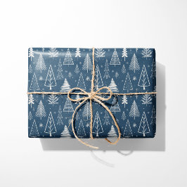 Papier Cadeau Arbres de Noël bleu et blanc rustique