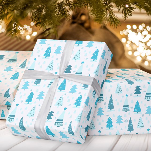 Papier Cadeau Arbres de Noël bleus Noël moderne (Blue Christmas trees Christmas wrapping paper)