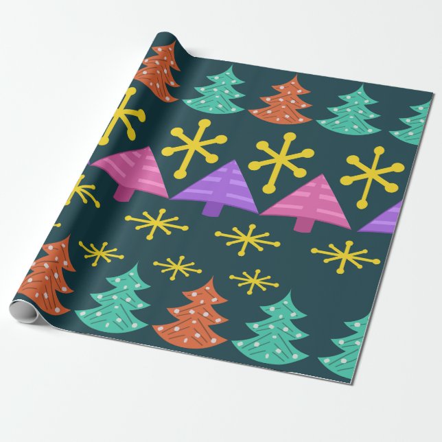 Papier Cadeau Arbres de Noël de l'ère atomique Kitsch Dark (Déroulé)