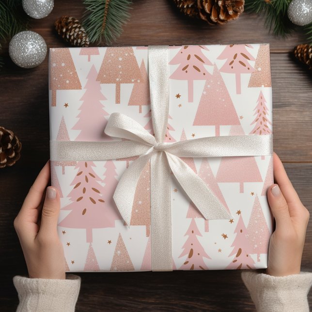 Papier Cadeau Arbres de Noël en or rose Rose métallique (Créateur téléchargé)