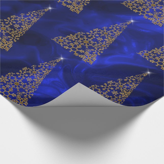 Papier Cadeau Arbres de Noël en or sur soie bleue (Coin)