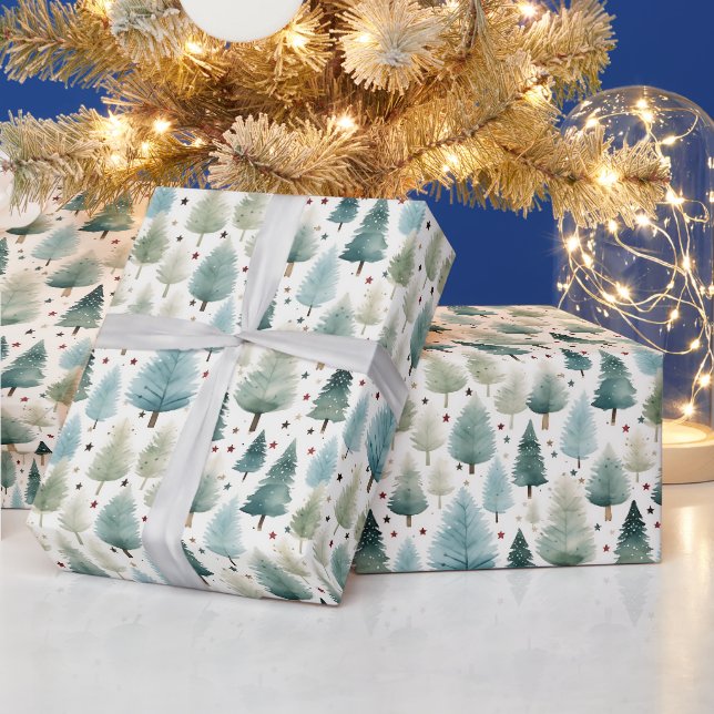 Papier Cadeau Arbres de Noël et étoiles Noël moderne (Vacances)