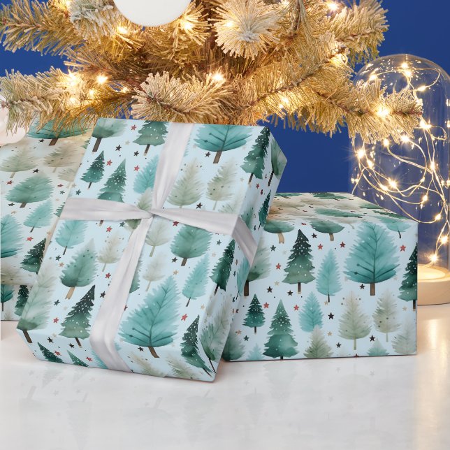 Papier Cadeau Arbres de Noël et étoiles Noël moderne (Vacances)