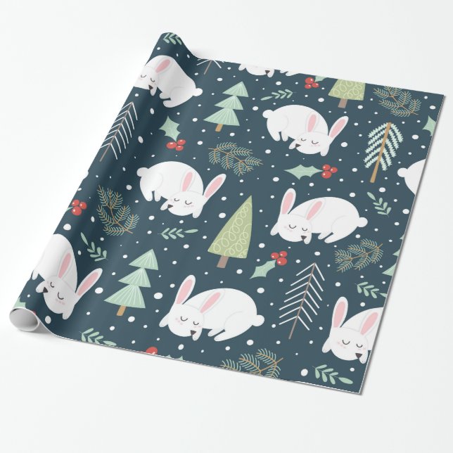 Papier Cadeau Arbres de Noël et lapins Lapin de vacances rustiqu (Déroulé)