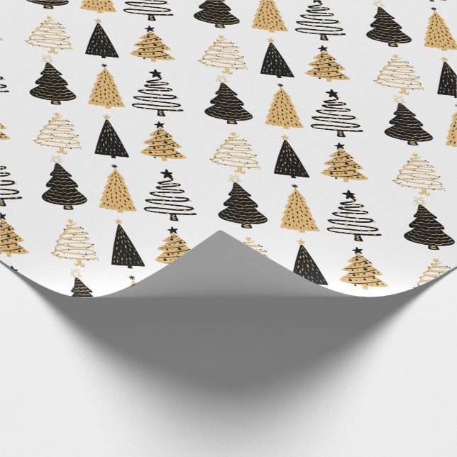 Papier Cadeau Arbres de Noël géants noir, blanc et or (Coin)