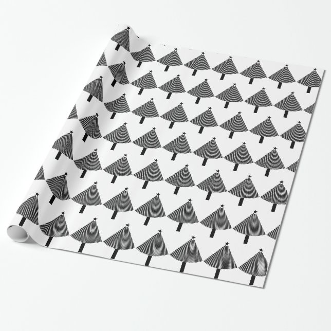 Papier Cadeau Arbres de Noël géométriques noirs et blancs (Déroulé)