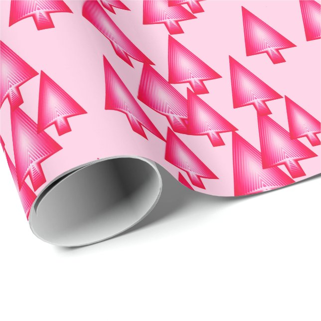 Papier Cadeau Arbres de Noël métalliques modernes - rose fuchsia (Coin rond)