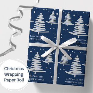 Papier Cadeau Arbres de Noël minimalistes en argent bleu marine