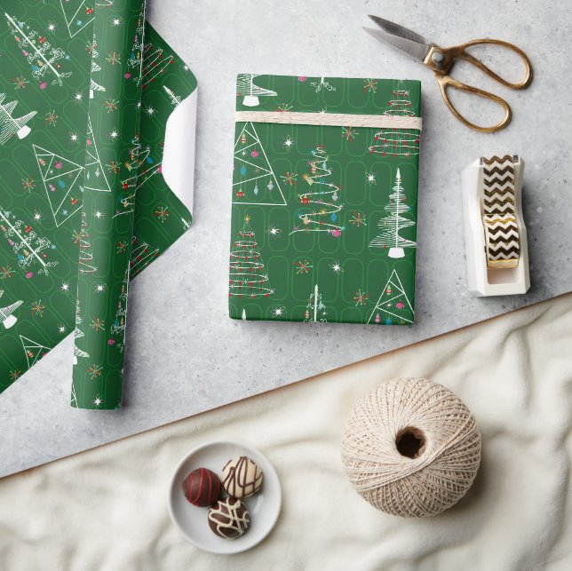 Papier Cadeau Arbres de Noël minimaux rétros Noël vert Noël (Artisanat)