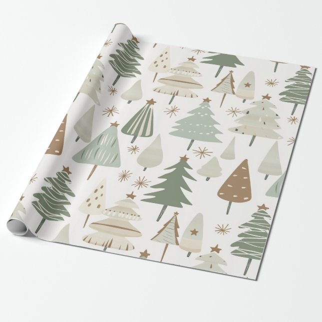 Papier Cadeau Arbres de Noël modernes brun et vert (Déroulé)