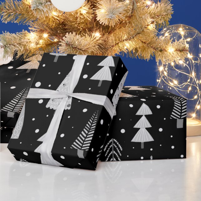 Papier Cadeau Arbres de Noël modernes Motif gris noir (Vacances)