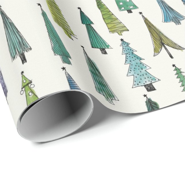 Papier Cadeau Arbres de Noël modernes Motif illustré (Coin rond)