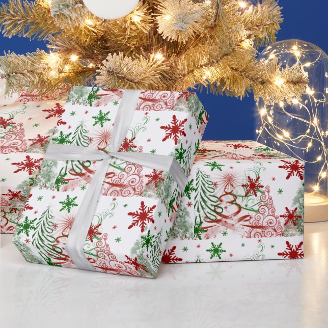 Papier Cadeau Arbres de Noël modernes rouges et verts Flocons de (Vacances)