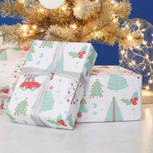 Papier Cadeau Arbres de Noël modernes Vacances Voiture rouge
