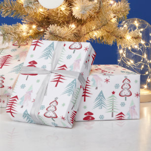 Papier Cadeau Arbres de Noël multicolores sur un blanc