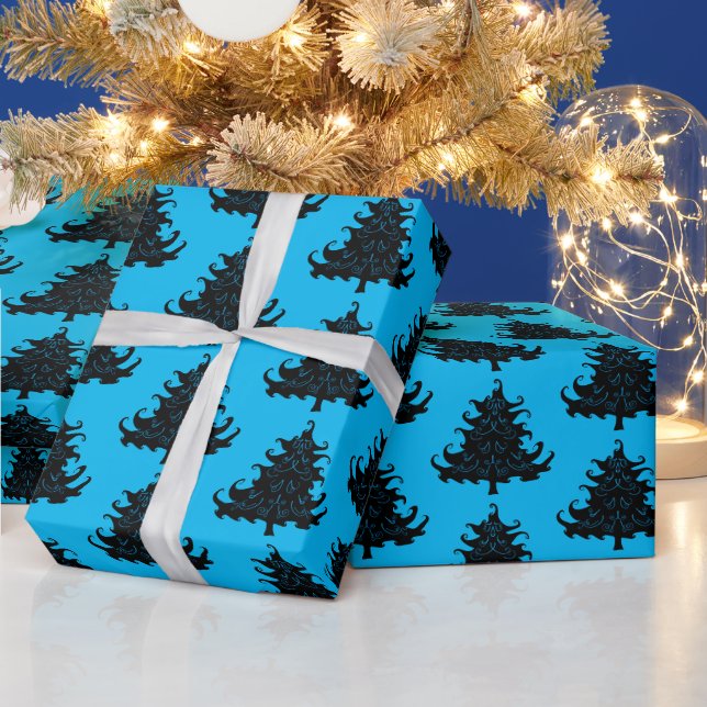 Papier Cadeau Arbres de Noël noirs Motif bleu (Vacances)