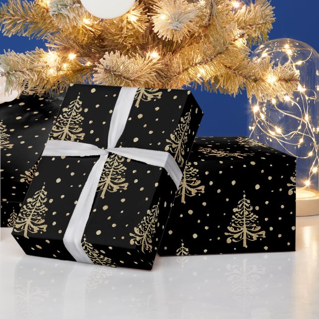Papier Cadeau Arbres de Noël Or Neige tombante Noir (Vacances)
