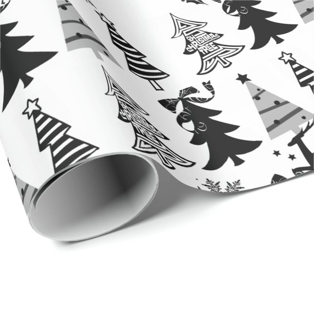 Papier Cadeau Arbres de Noël Papier à envelopper noir blanc gris (Coin rond)