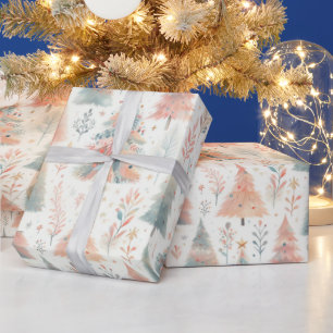 Papier Cadeau Arbres de Noël Pastel rose et vert