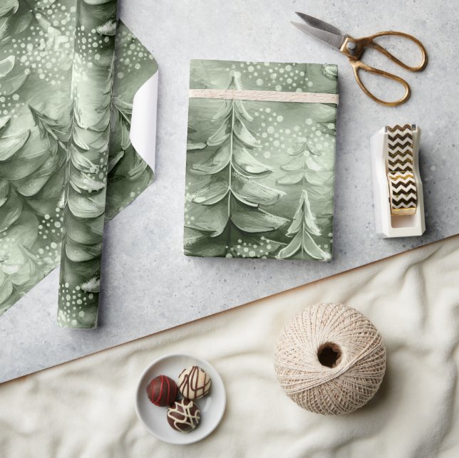Papier Cadeau Arbres de Noël peints Green ID1008 (Artisanat)