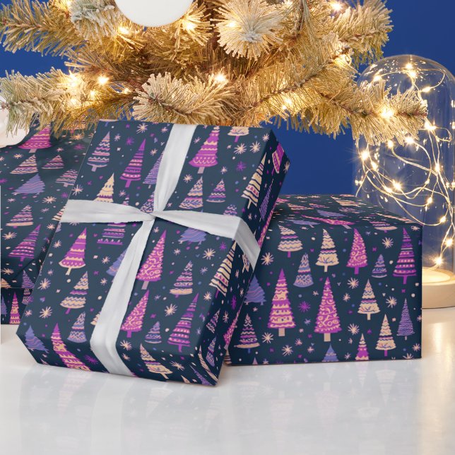 Papier Cadeau Arbres de Noël pourpres Snowflakes Bleu Noël (Vacances)
