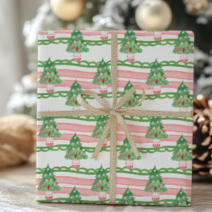 Papier Cadeau Arbres de Noël rayés fantaisistes à l'aquarelle