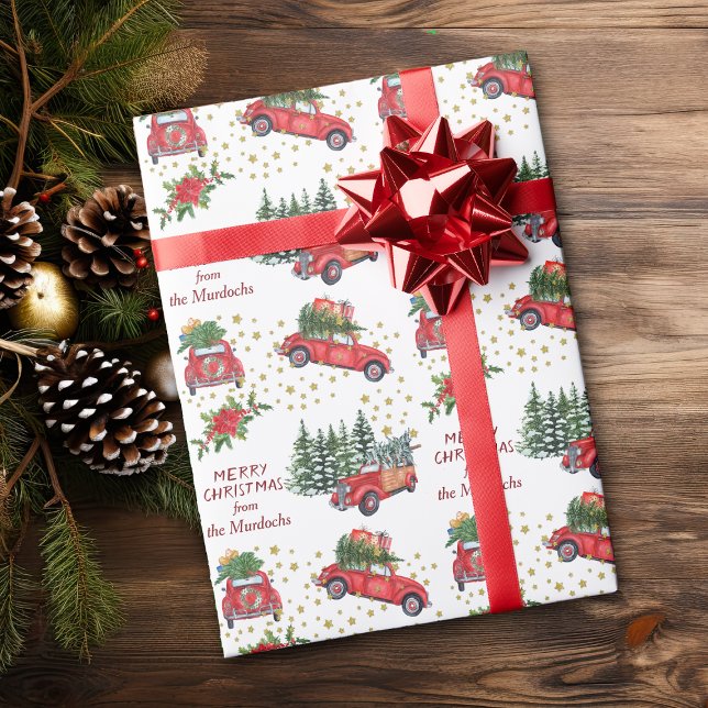 Papier Cadeau Arbres de Noël Retro Camion et Voiture (Créateur téléchargé)