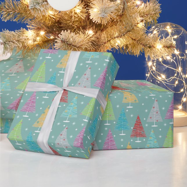 Papier Cadeau Arbres de Noël rétro Noël Turquoise (Vacances)