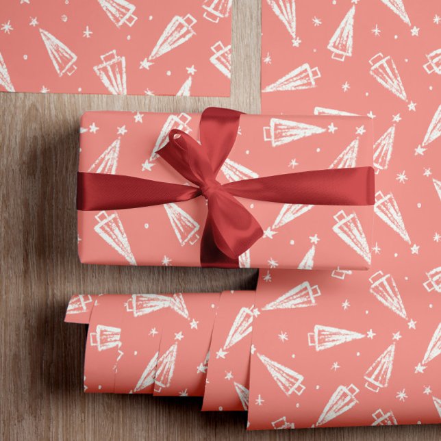 Papier Cadeau Arbres de Noël rose (A vintage pink background with a simple and beautiful white tree pattern will make perfect gift wrap)