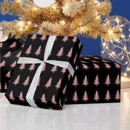 Papier Cadeau Arbres de Noël rose moderne sur noir