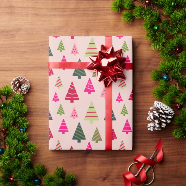 Papier Cadeau Arbres de Noël roses et verts (Cadeau de vacances)