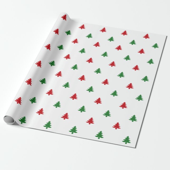 Papier Cadeau Arbres de Noël rouge blanc et vert motif mignon (Déroulé)