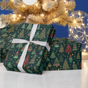 Papier Cadeau Arbres de Noël Rouge Vert Blanc Noir Noël