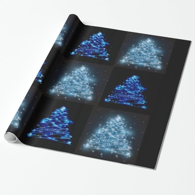 Papier Cadeau Arbres de Noël rougeoyants bleus et argentés (Déroulé)