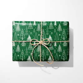 Papier Cadeau Arbres de Noël rustiques verts et blancs